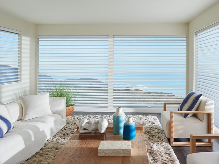 Living room with large windows featuring Silhouette® Window Shadings